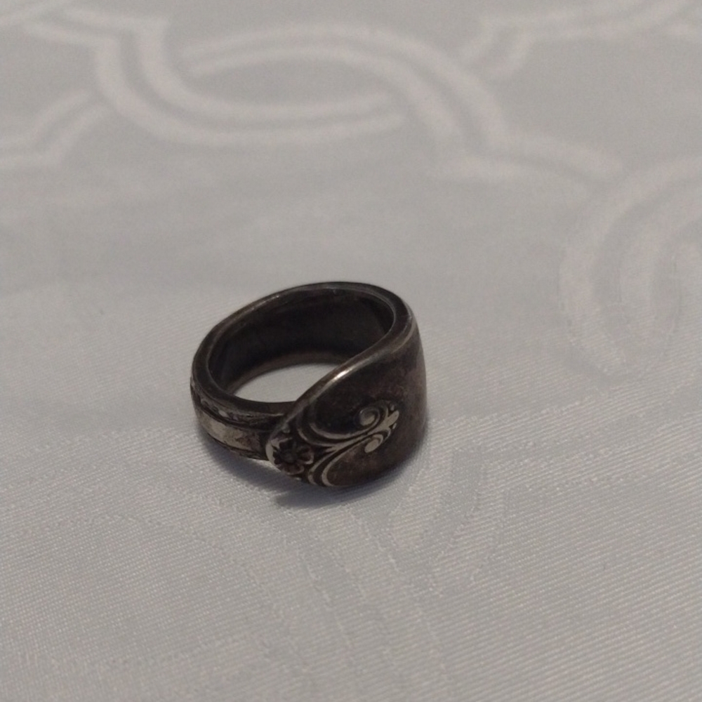 Vintage Silver Spoon Ring with Ornate Floral Pattern